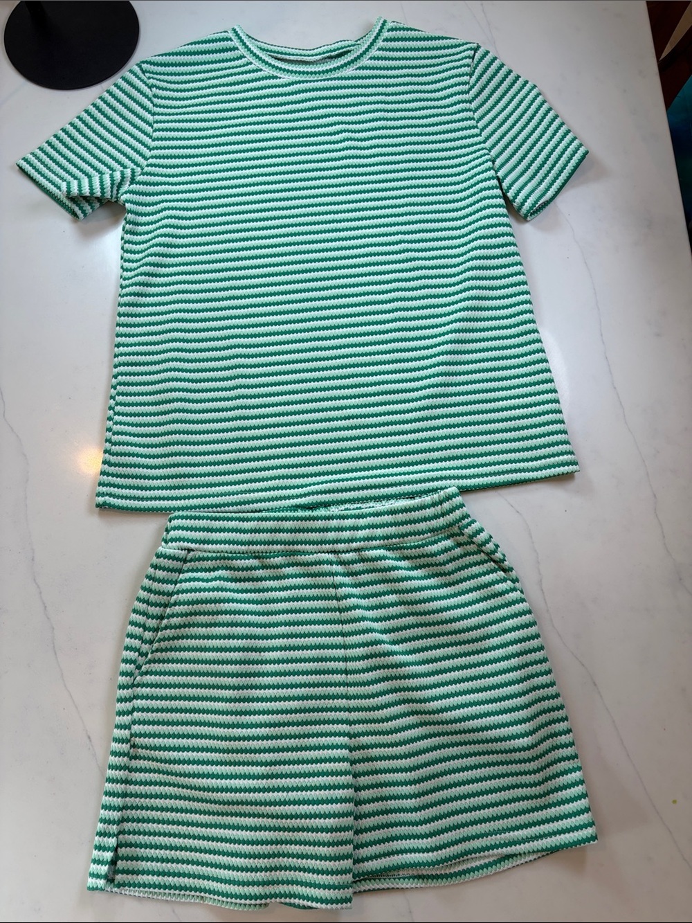 Green & White Striped Set - Short Sleeve Top & Shorts
